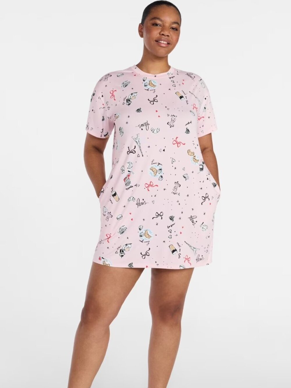 Joyspun Dreamy Soft Paris Pink Sky Sleepshirt Short Sleeve 2X-3X Pockets